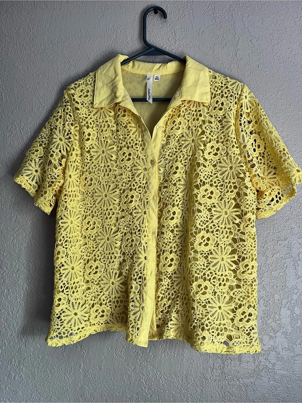 NY Collections Yellow Floral Lace Button Down Top Size PXL